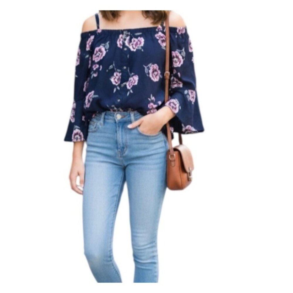 Seven Sisters Blue Floral Peasant Preppy Cottage Chic Off Shoulder Blouse Small